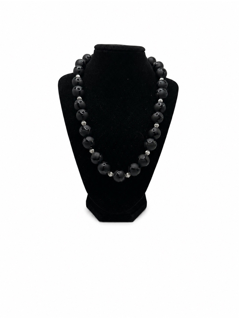 Jewelry By GG Matte Black Onyx w/ Silver Pewter Accent 10.5" Beaded Necklace